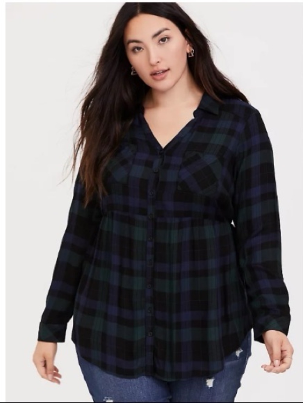 Torrid Emma Plaid Twill Babydoll Tunic blue and green button front top 3X